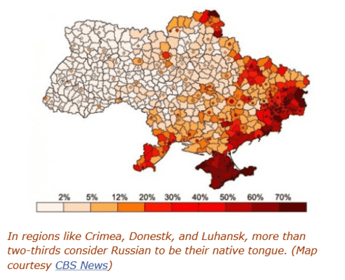 In regions like Crimea, Donestk, and Luhansk, more than two-thirds consider Russian to be their native tongue.